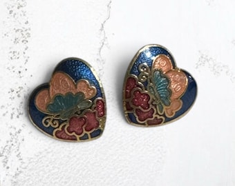 Vintage Cloisonné Butterfly Flower Floral Hearts Stud Earrings