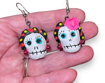 Day of the Dead Sugar Skull Earrings Hand Crafted Clay Mexican Folk Art Calavera