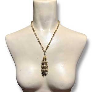 Vintage Brushed Gold signed Crown Trifari Long Tassel Chain Necklace - jewelry