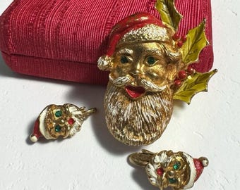 Vintage Santa Claus Brooch Pin Christmas Mid Century Enamel & Clip On Earrings