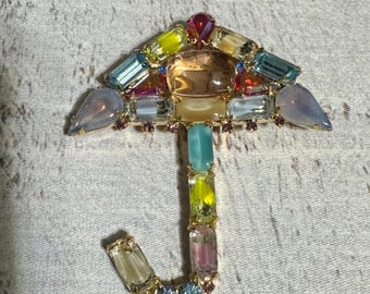 Vintage signed KJL Fruit Salad All Prong Set Rhinestone Umbrella Brooch Gold Tone
