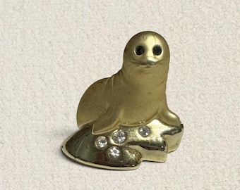 Vintage Seal Gold Tone Rhinestone Accent Brooch animal beach ocean jewelry