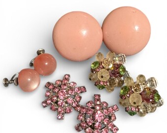 Vintage Pink & Green Crystal Rhinestone signed Vendome Clip Earrings plus lot