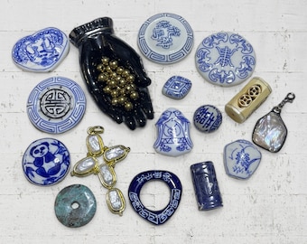 Large Blue and White Porcelain Focal Beads Birds, Cats, Asian