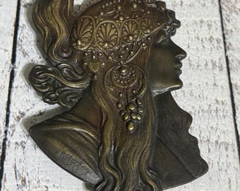 Alphonse Mucha Bergamot Brass Works Art Nouveau Belt Buckle Byzantine Brunette