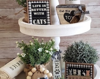 Tiered Tray Cat Lover Decor: Rustic Farmhouse Mini Set