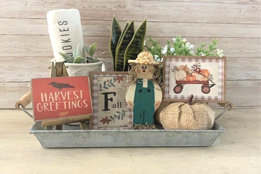 Rustic Fall Trays Tiered Tray Fall Decor Set: Rustic Farmhouse Scarecrow, Burlap Pumpkin ...