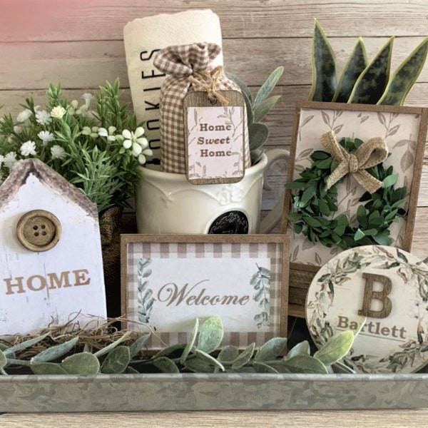 Personalized Mini Welcome Sign Set of 5 Tiered Tray Bundle /Rustic Farmhouse Decor / Bowl Filler