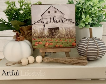 Mini Fall Pumpkin Barn Sign with Easel, Rustic Farmhouse Tiered Tray Decor