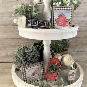 Christmas Tiered Tray Decor Set: Farmhouse Sleigh, Mini Signs (5pc)