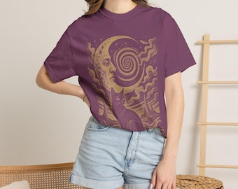 Vintage Black Cat Halloween Shirt, Retro Celestial Moon Tee, Psychedelic Witchy Graphic T-Shirt, Oversized Unisex Fall Tee