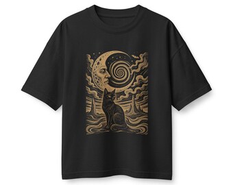 Vintage Celestial Cat T-Shirt, Moon & Spiral Graphic Tee, Mystical Oversized Heavyweight Shirt