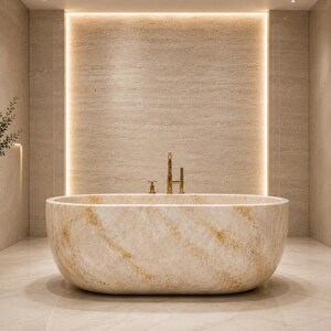 May include: A freestanding oval bathtub crafted from beige and gold veined stone, featuring a polished finish. The tub is equipped with a gold-toned metal faucet and handle set, positioned against a wall with vertical integrated lighting.