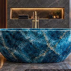 Puede incluir: Una bañera exenta ovalada con una textura cristalina de color azul profundo similar a la piedra, con vetas blancas y doradas prominentes en toda la superficie. La bañera tiene un acabado liso y pulido y una forma redondeada y simétrica.