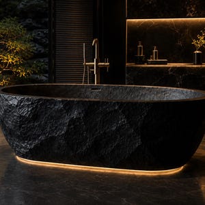 May include: A freestanding oval bathtub crafted from black stone with a rugged, textured exterior surface. The tub features a smooth interior basin and is positioned beneath a tall, metallic faucet. A warm light glows from beneath the base.