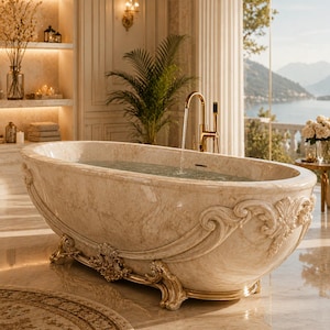 Puede incluir: Una bañera exenta de mármol beige con intrincados detalles tallados en tono dorado a lo largo de la base y los laterales. La bañera presenta una forma ovalada curva y está equipada con un grifo alto de acabado dorado que vierte agua.