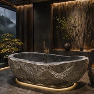 May include: A freestanding bathtub carved from a single piece of dark gray natural stone with a rough, textured exterior and a smooth interior basin. The tub features a tall, slender metallic faucet in a warm bronze finish centered on the rim.