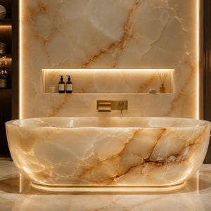 Puede incluir: Una bañera ovalada independiente hecha de piedra ónix pulida en tonos beige y crema con vetas naturales. La bañera se sitúa frente a una pared de ónix retroiluminada a juego con un estante empotrado que contiene dos botellas oscuras.