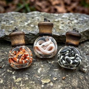 Pode incluir: Três pingentes esféricos de vidro com tampas de madeira escura e argolas de metal. Cada um contém uma figura em miniatura de uma cobra enrolada: uma com listras laranja e brancas, uma rosa pálido e uma com listras pretas e brancas.