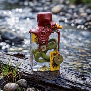 May include: A clear rectangular glass bottle containing a coiled green snake figure. The top is sealed with red wax featuring a circular stamp. A yellow rectangular tag with black text and a round gold-colored coin charm hang from the bottle.