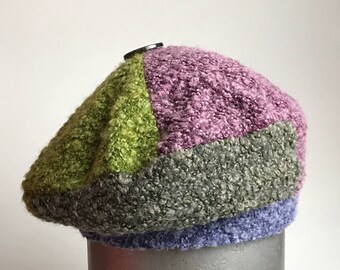 Girls or Womens X Small Pink Green Boho Winter Boucle Knit Floppy Beret Tam Handmade One of a Kind Cotton Lined