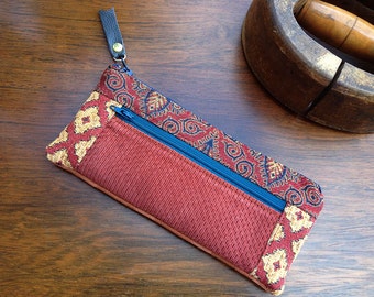 Unique Womans Modern Patchwork Red Gold Tapestry Zipper Wallet Purse Coin Purse Bill Wallet Strong Handmade One of Kind