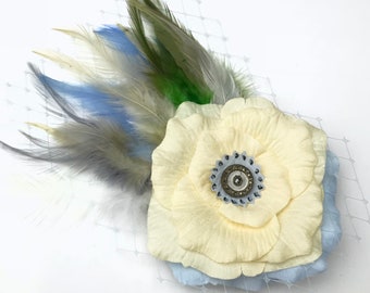 Pale Yellow White Rose Antique Button Flower Feather Hair Clip Fascinator Wedding Graduation Prom Headpiece Unique Original Blue