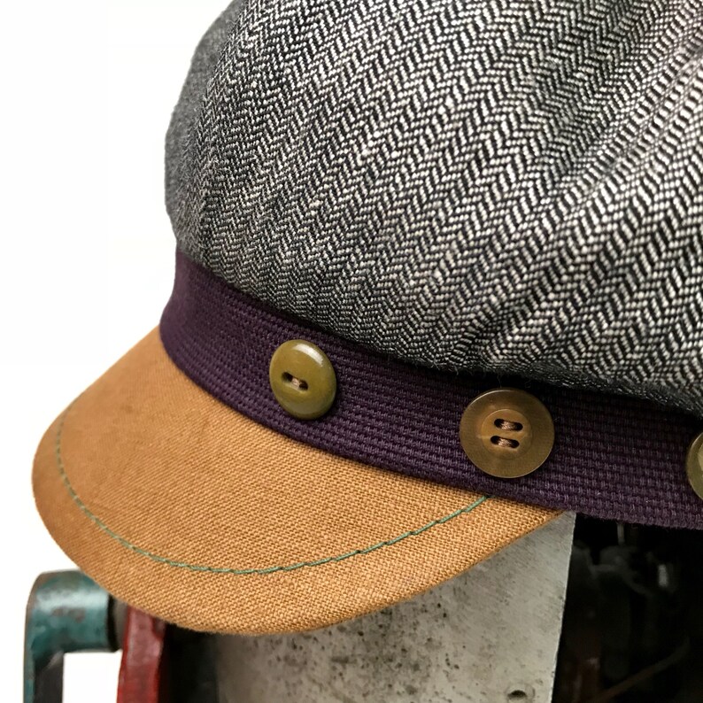 Large Black Gold Boho Unisex Women/'s Cool Summer Bamboo Linen Handmade Newsboy Style Cap Peak One of a Kind Unique