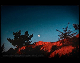 Landscape Photograph - Red Desert Landscape Photograph Red Rocks and Moonrise, Nevada - Moon in Teal Sky Desert AbstractArt Print