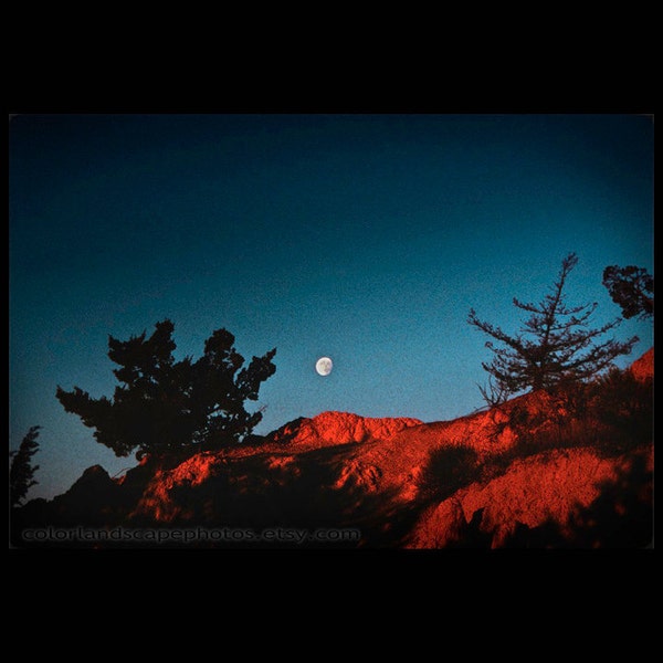 Landscape Photograph - Red Desert Landscape Photograph Red Rocks and Moonrise, Nevada - Moon in Teal Sky Desert AbstractArt Print