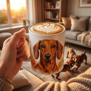 May include: A white ceramic mug filled with coffee featuring a swan latte art design. The mug displays a detailed watercolour-style illustration of a brown dachshund dog on the front, surrounded by colourful paint splatters.