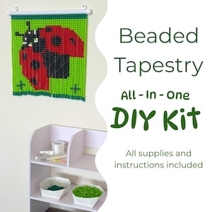 May include: A beaded tapestry kit featuring a ladybug design on a green background, with text reading Beaded Tapestry All-In-One DIY Kit. The kit includes white shelves holding small bowls of red, green, and black beads, thread, and tools.