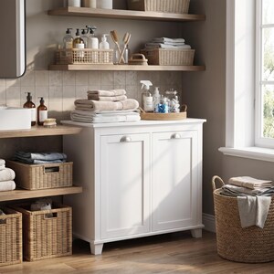 May include: A white wooden bathroom cabinet with two doors and silver handles, topped with a stack of folded beige towels. The cabinet is surrounded by woven wicker baskets, wooden shelves holding toiletries, and a large round floor basket.