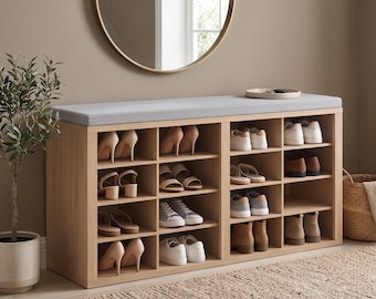 16-Cubby Shoe Storage Bench with Cushion, Entryway Organizer, Mudroom Seat
