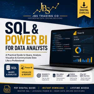 Op de afbeelding: Een digitale gids getiteld SQL & Power BI for Data Analysts met een laptop die code en datavisualisaties toont. De afbeelding bevat het JBS Trading Co logo, tekst over data-analyse en iconen voor het downloaden van een PDF.