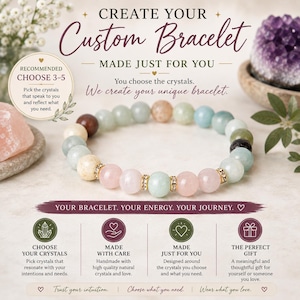 Puede incluir: Una pulsera de cuentas personalizada con esferas de piedra natural en tonos rosa, azul, verde, marrón y crema, acentuada con espaciadores dorados con cristales transparentes. El texto dice CREATE YOUR Custom Bracelet.