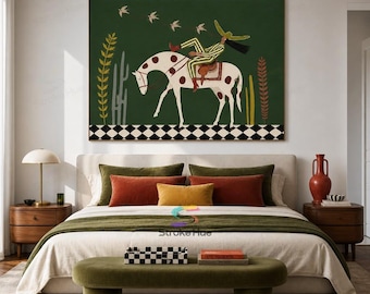 May include: A rectangular wall art print featuring a dark green background with a white spotted horse carrying a rider in a wide-brimmed hat. The scene includes stylized cacti, flying birds, and a black and white checkered border at the bottom.
