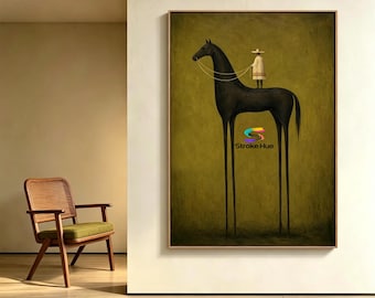 Black Horse Oil Painting with Rider, Olive Green Equestrian Folk Art