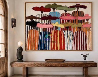Colorful Western Crowd Oil Painting, Cowboy Hat Folk Art, Hand-Painted Rustic Wall Art