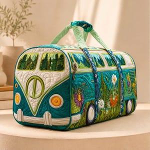 May include: A quilted duffel bag shaped like a vintage camper van in teal, white, and green. The exterior features embroidered forest scenes, colourful wildflowers, circular headlights, and a peace sign emblem on the front. It has two top handles.