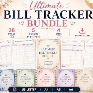 May include: A digital printable bill tracker bundle featuring 28 pages, 5 colours, and 4 sizes. The set includes a monthly bill overview, detailed payment tracker, bills by paycheck, and subscription tracker, all with floral accents and text.