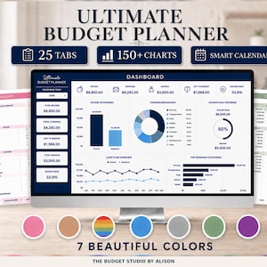 May include: A digital budget planner displayed on a computer monitor, featuring a dashboard with charts, income, and expense data. The planner includes 25 tabs, 150+ charts, a smart calendar, and seven color options shown as circular icons below.
