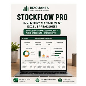 Könnte beinhalten: Ein Laptop zeigt das Dashboard der Stockflow Pro Bestandsverwaltungs-Excel-Tabelle. Der Bildschirm enthält Datentabellen, Diagramme und Kennzahlen für den Lagerbestand. Das Branding umfasst den Text Bizquanta.