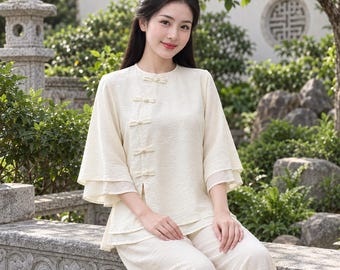 Vietnamese Buddhist Clothing Set, Round Neck Crossover Top and Pants, Double Layer Textured Fabric, Elegant Temple Outfit