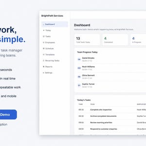 May include: A digital interface for Dutivo staff task management software. The left side displays the text Daily work, made simple, features, and a blue Try the Live Demo button. The right side shows a dashboard with team progress and task lists.