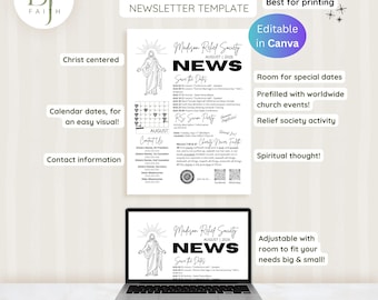LDS Relief Society Newsletter Template – Editable in Canva | 6‑Month Bundle (Aug–Jan 2026) | Instant download | Black & White
