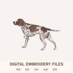 May include: An embroidery design featuring a brown and white spotted dog standing in profile. Below the dog, the text reads DIGITAL EMBROIDERY FILES, followed by the file formats PES, DST, EXP, HUS, and VP3 in a clean, sans-serif font.