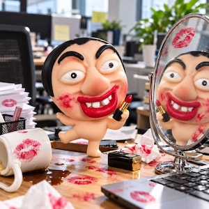 Op de afbeelding: Een cartoonachtig figuurtje met een groot hoofd, zwart haar en wijde ogen, dat een rode lippenstift vasthoudt. Het gezicht is besmeurd met rode lippenstiftvlekken, passend bij de rode lippenafdrukken op een witte mok.
