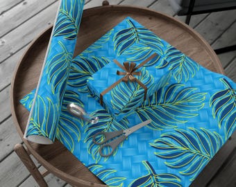 Rol cadeaupapier met tropisch palmbladmotief | Blauwgroen palmbladpatroon