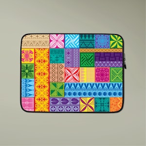 May include: A rectangular laptop sleeve featuring a vibrant patchwork design of various Polynesian-inspired geometric and floral patterns in bright colors including yellow, pink, blue, green, purple, and orange, finished with a black zipper edge.